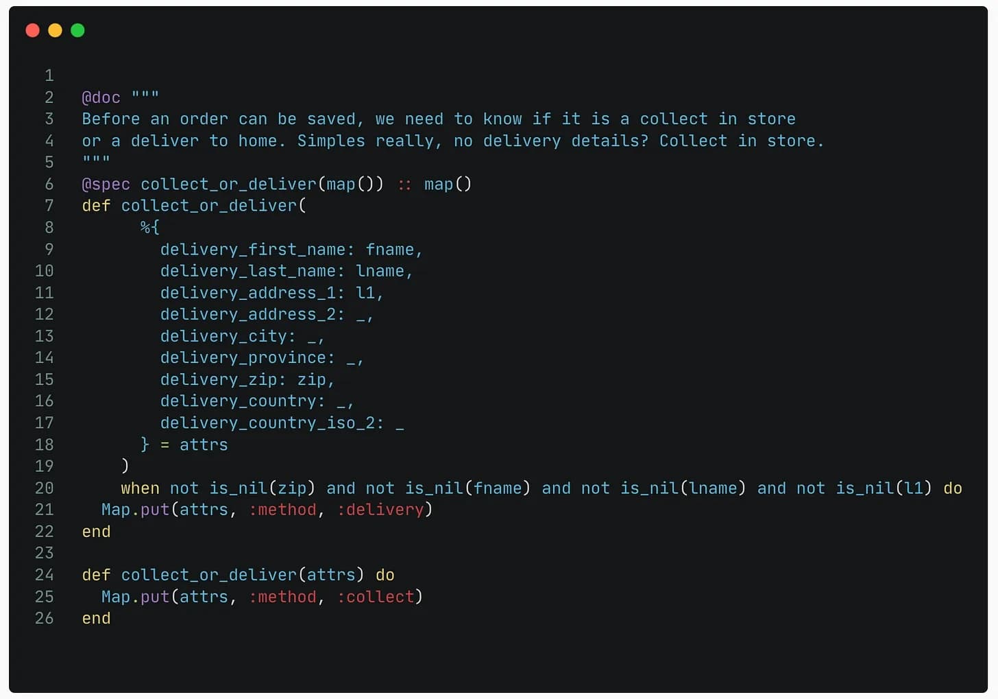 A screenshot of some elixir pattern matching that Jamie Curle was particularly proud of
